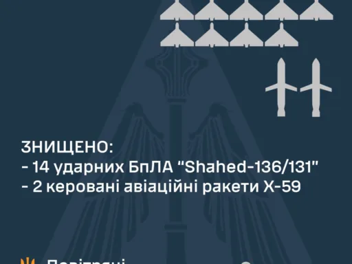 За минулу ніч українські сили ППО збили 14 з 17 ворожих шахедів